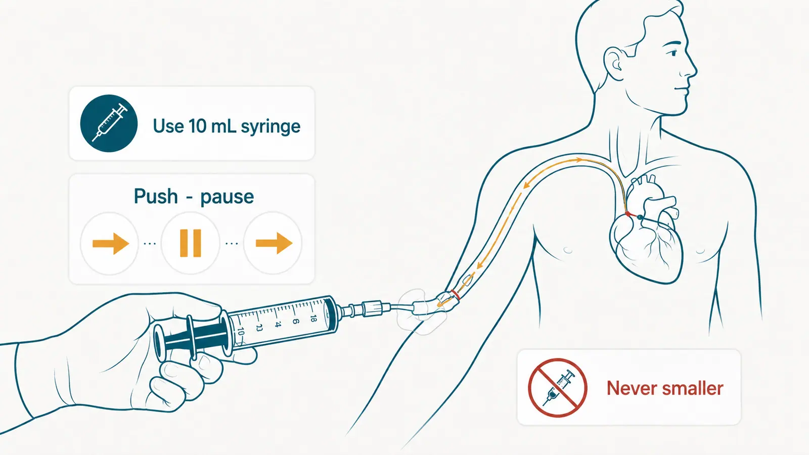 Push-pause flushing technique using a 10 mL syringe for PICC line care