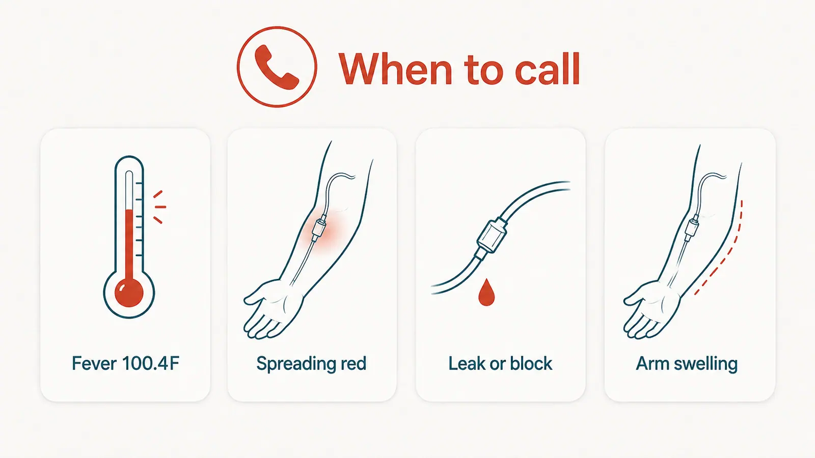 PICC warning signs for fever spreading redness drainage blocked or leaking line and new arm swelling