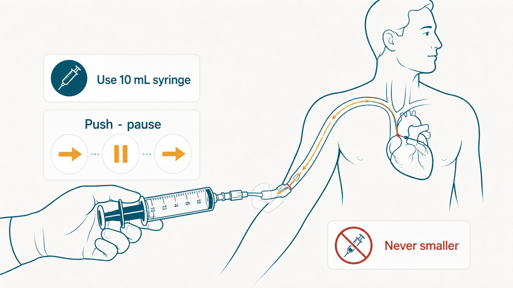 Push-pause flushing technique using a 10 mL syringe for PICC line care