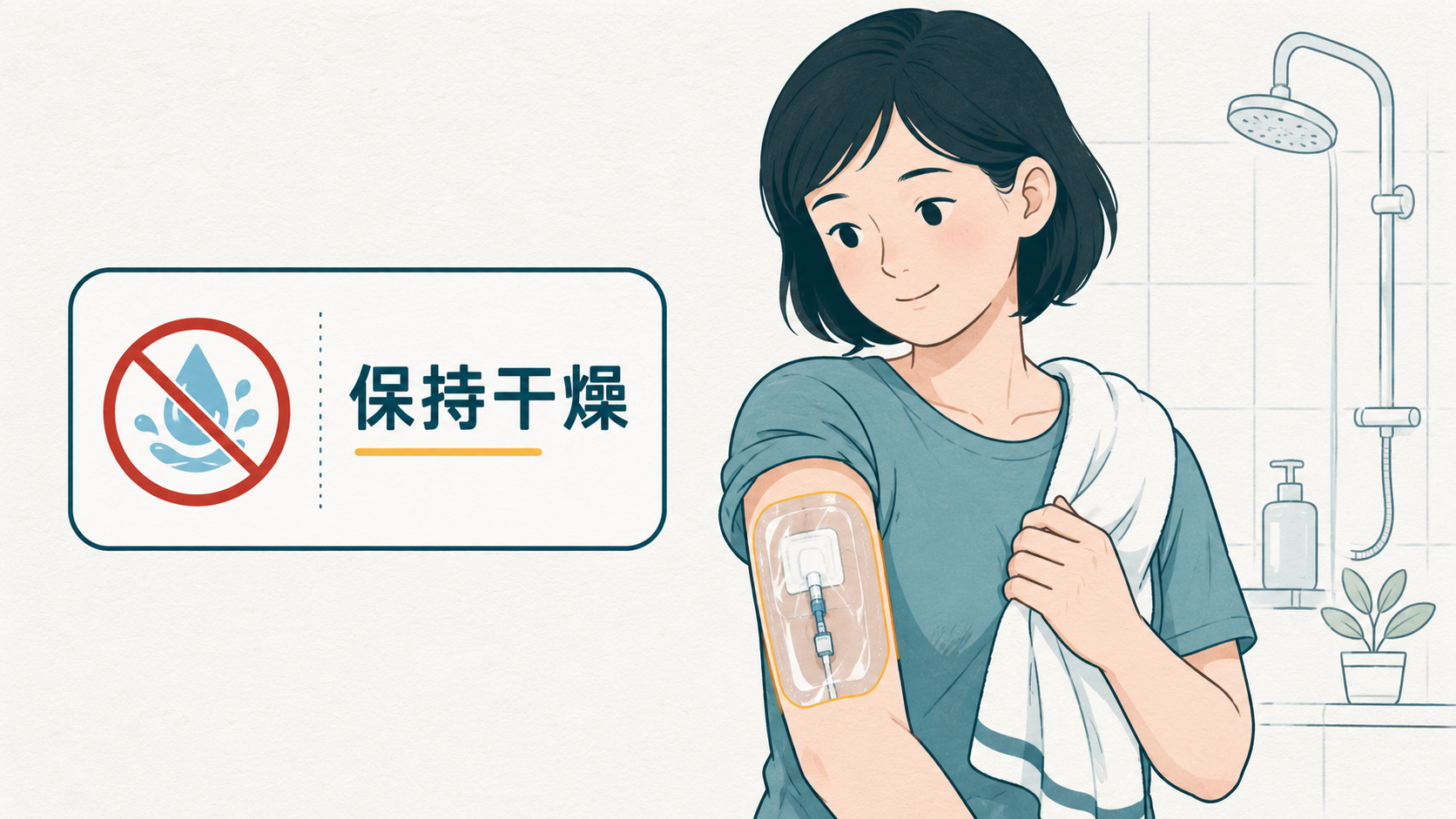 淋浴前用防水套保护 PICC 敷料并保持手臂干燥的示意图