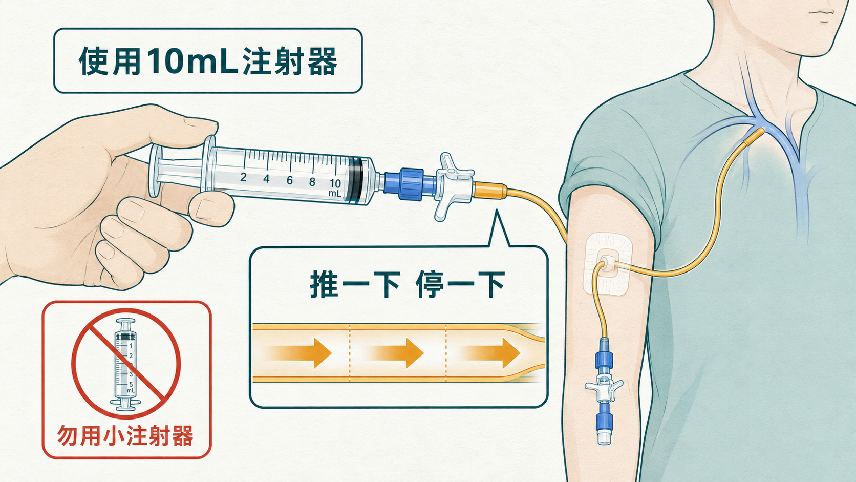 使用 10 mL 注射器进行推停推脉冲式冲管的步骤示意图